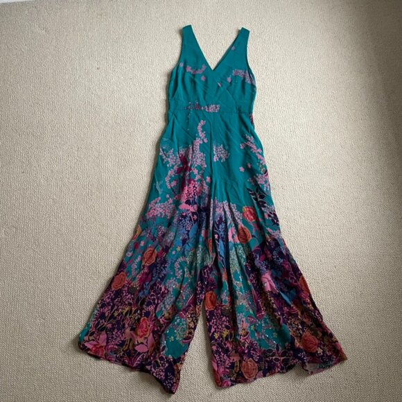 Anthropologie Maeve Teal Floral Andalusia Jumpsuit 6 - Picture 5 of 5